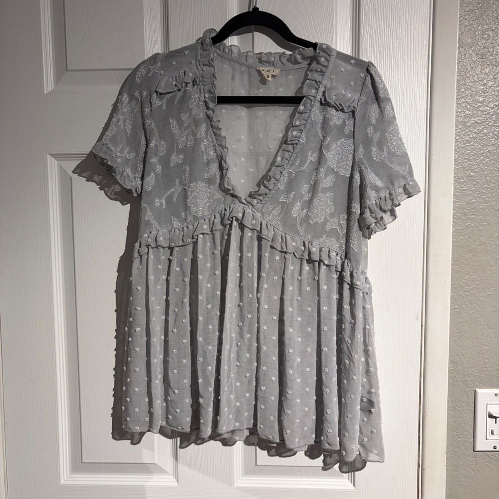 POL Womens Swiss Dot Floral Jacquard Ruffle Babydoll Blouse Grey Size Small